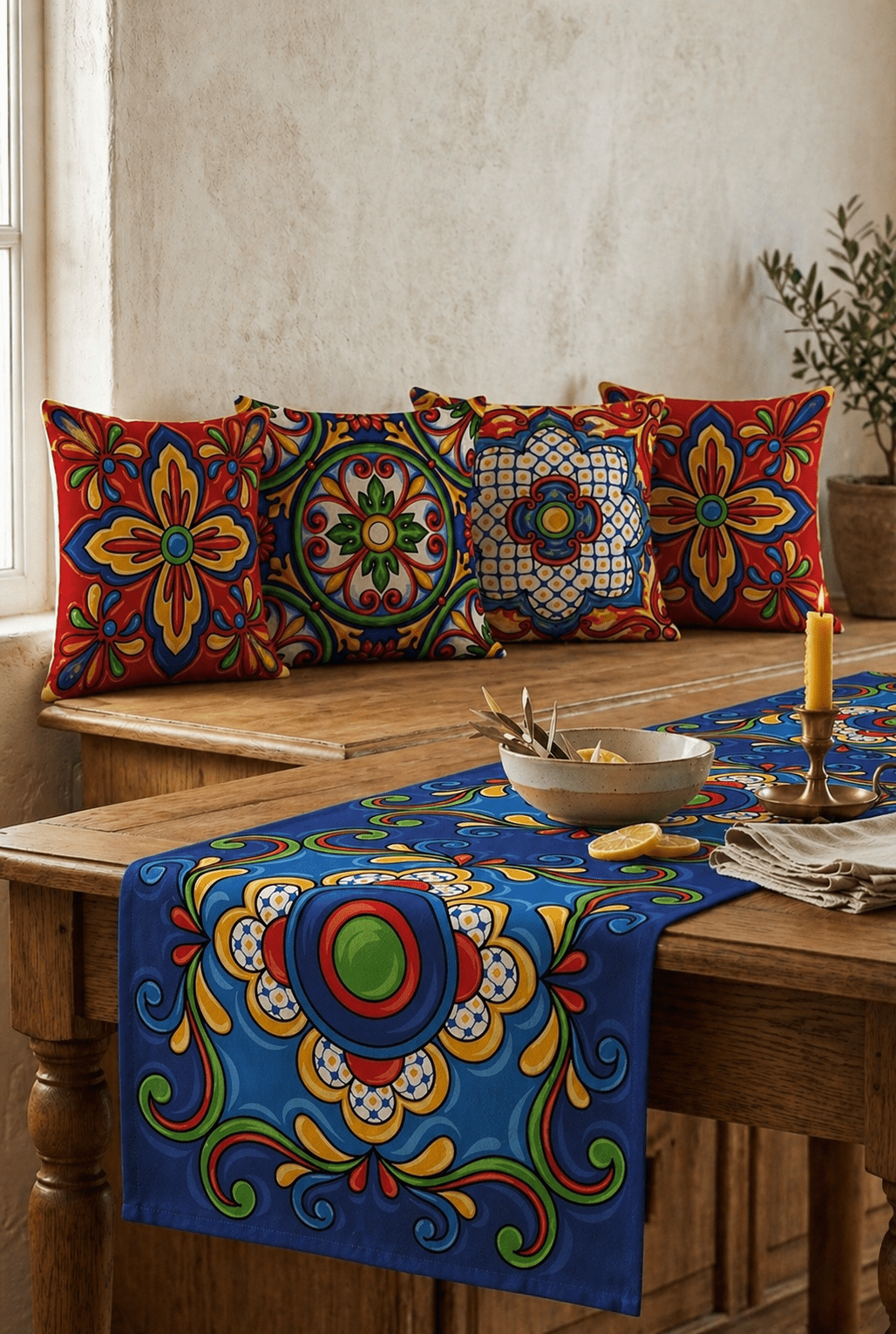 Marakeş Akdeniz Tile Desenli 4'lü Kırlent ve Runner Seti - Pomelo Home